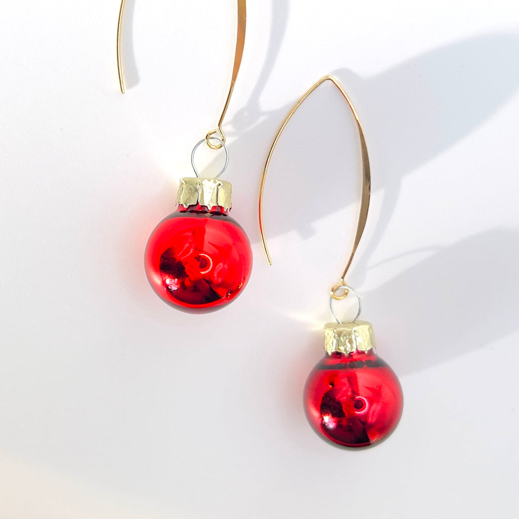 Red Christmas Bauble Drop Earrings - Festive Holiday - Miniature Ornament Dangles