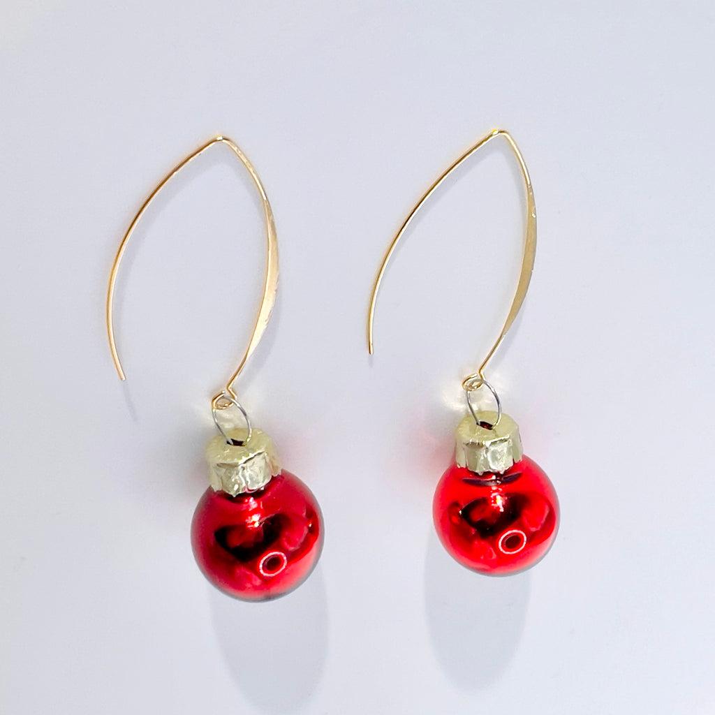 Red Christmas Bauble Drop Earrings - Festive Holiday - Miniature Ornament Dangles