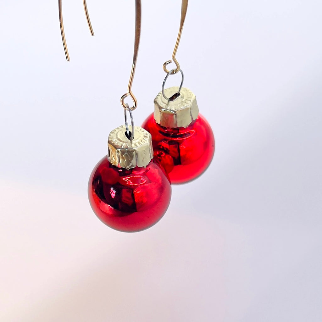 Red Christmas Bauble Drop Earrings - Festive Holiday - Miniature Ornament Dangles