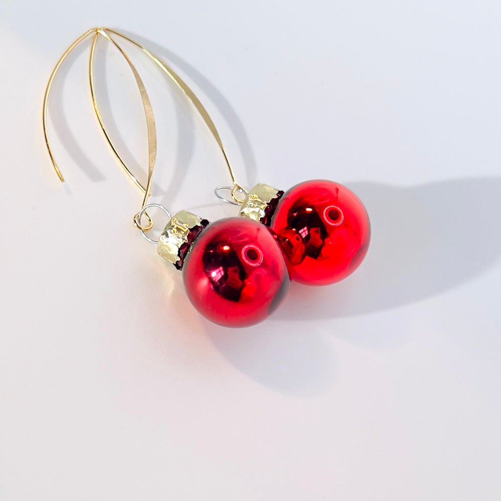 Red Christmas Bauble Drop Earrings - Festive Holiday - Miniature Ornament Dangles