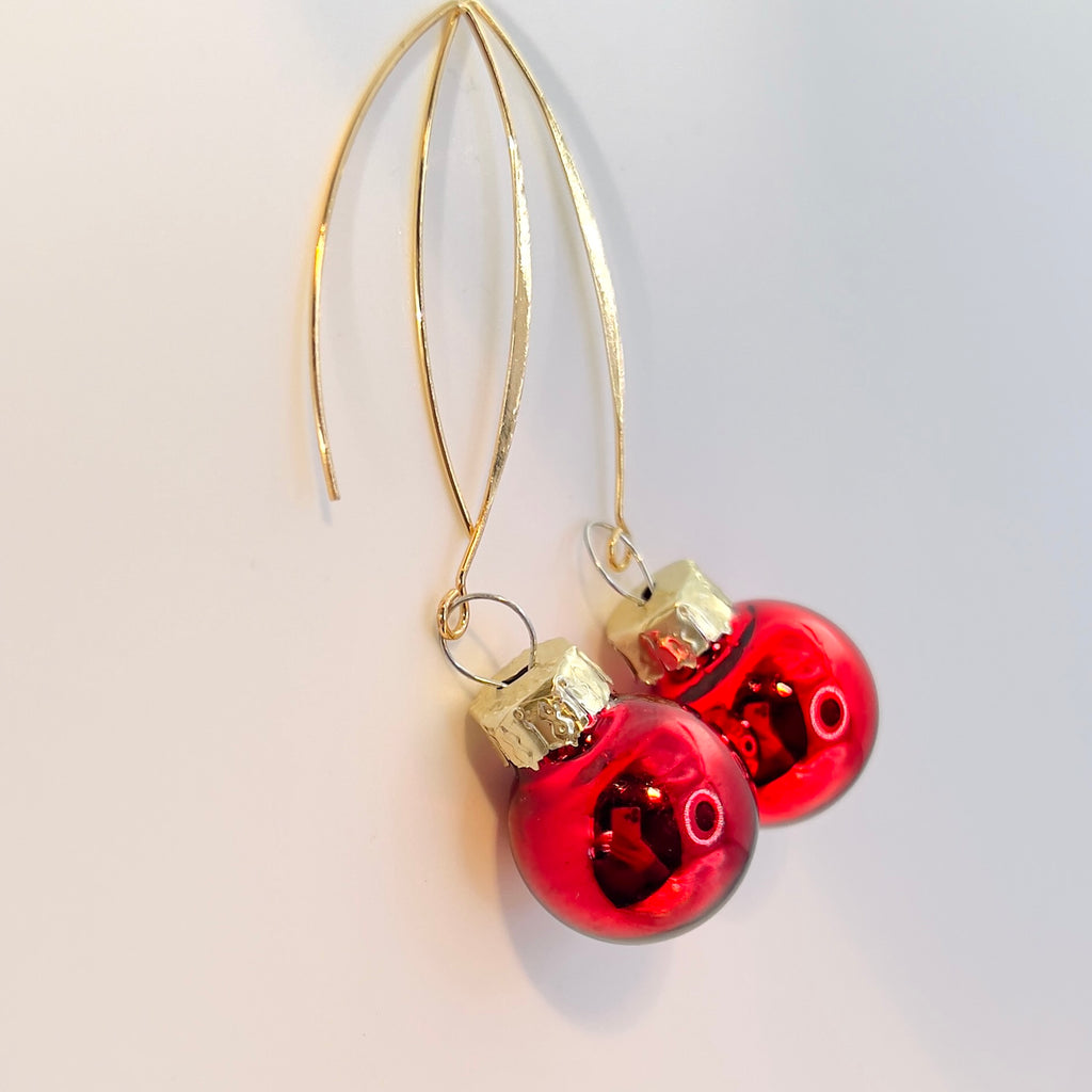 Red Christmas Bauble Drop Earrings - Festive Holiday - Miniature Ornament Dangles
