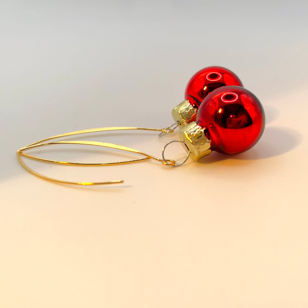 Red Christmas Bauble Drop Earrings - Festive Holiday - Miniature Ornament Dangles