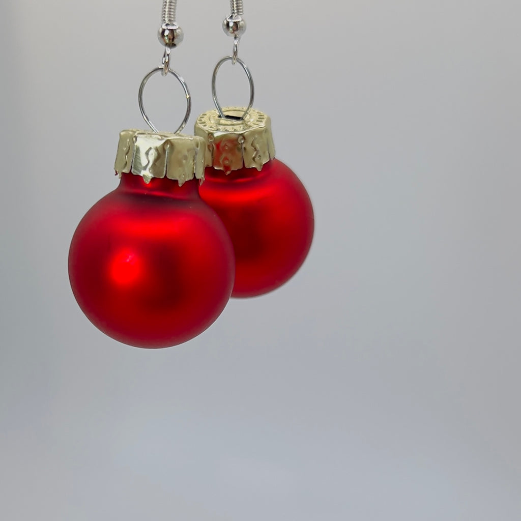Red Christmas Bauble Drop Earrings - Festive Holiday - Miniature Ornament Dangles