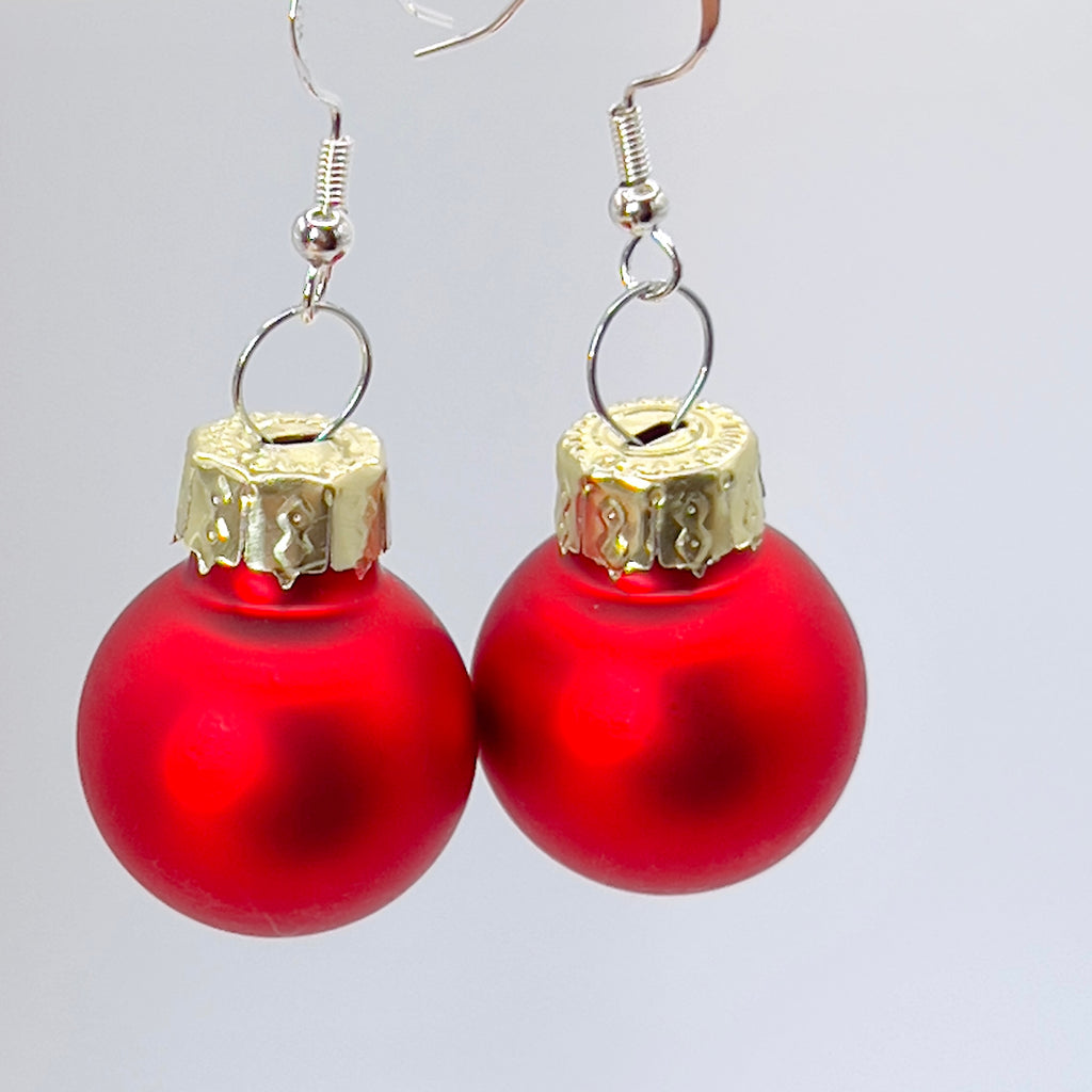 Red Christmas Bauble Drop Earrings - Festive Holiday - Miniature Ornament Dangles