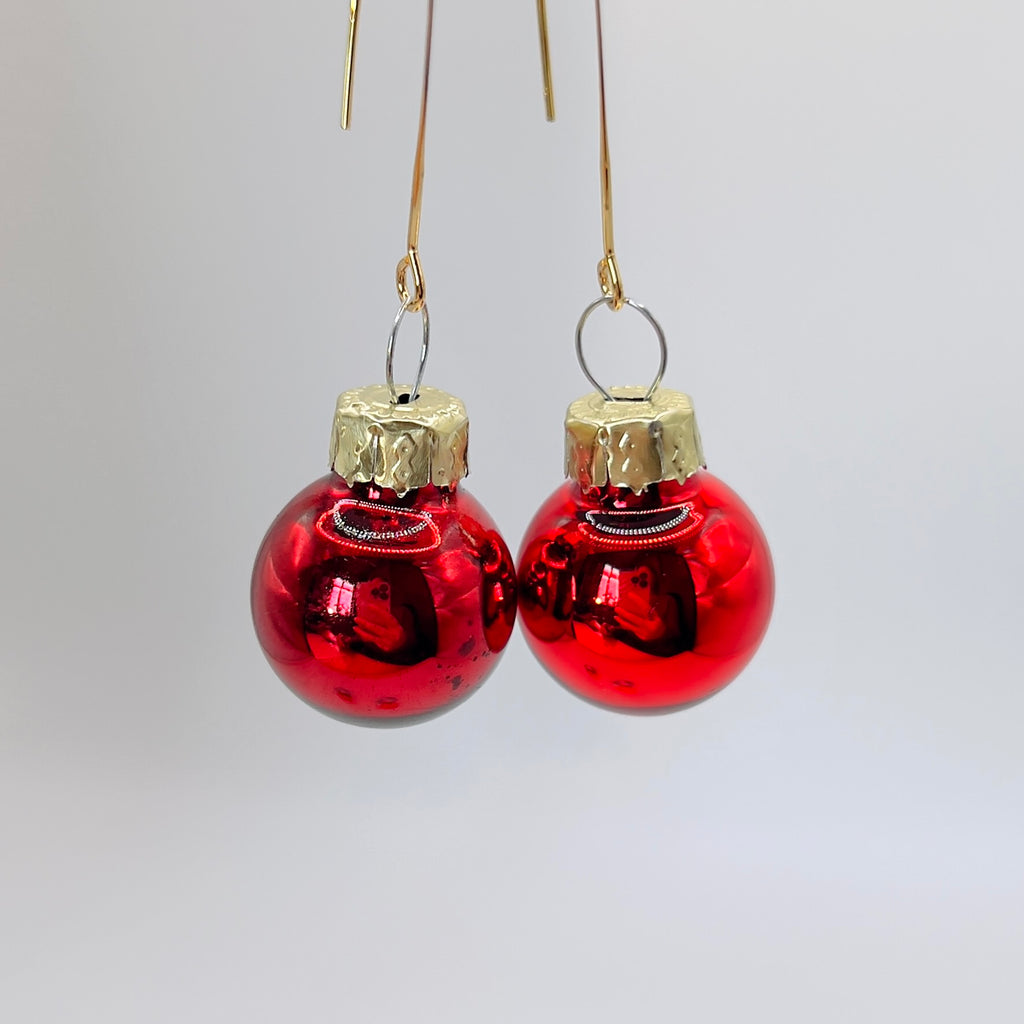 Red Christmas Bauble Drop Earrings - Festive Holiday - Miniature Ornament Dangles
