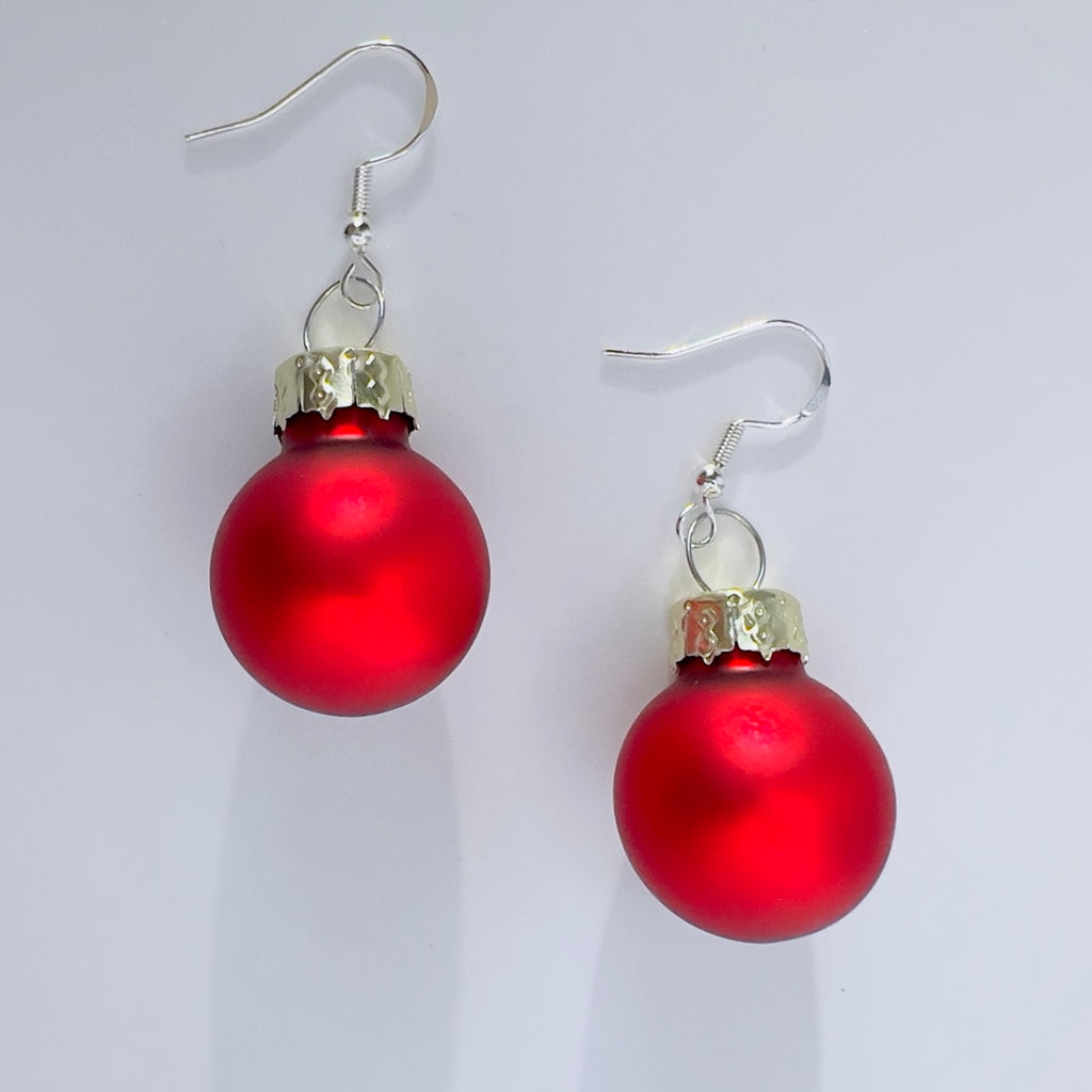 Red Christmas Bauble Drop Earrings - Festive Holiday - Miniature Ornament Dangles