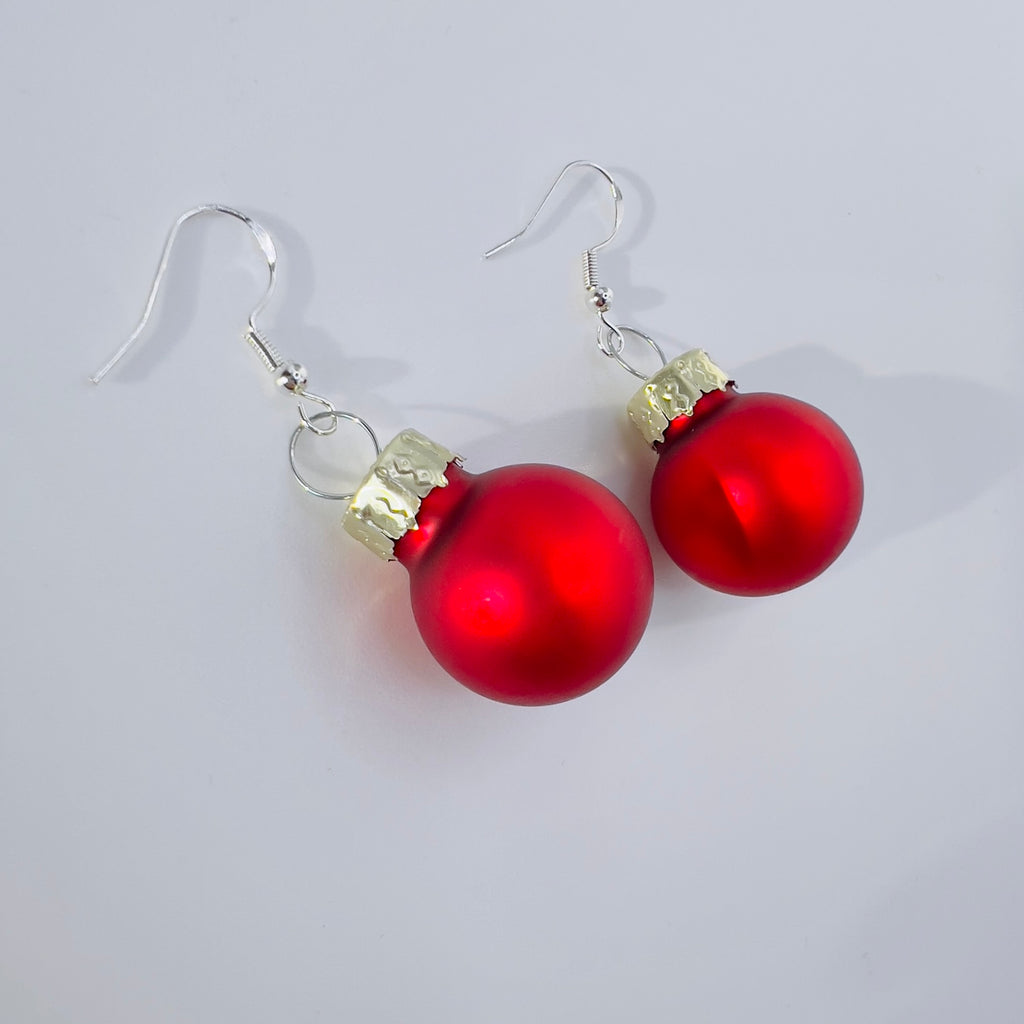 Red Christmas Bauble Drop Earrings - Festive Holiday - Miniature Ornament Dangles