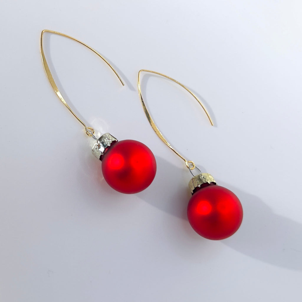 Red Christmas Bauble Drop Earrings - Festive Holiday - Miniature Ornament Dangles