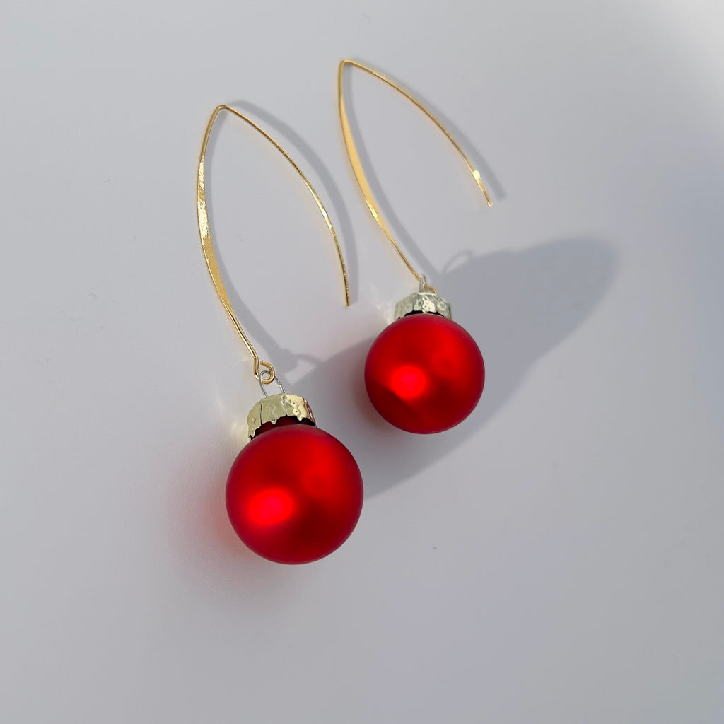 Red Christmas Bauble Drop Earrings - Festive Holiday - Miniature Ornament Dangles