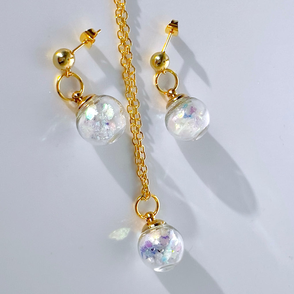 Iridescent Fairy Sparkle Glass Sphere Set, Silver or Gold Necklace and Earrings