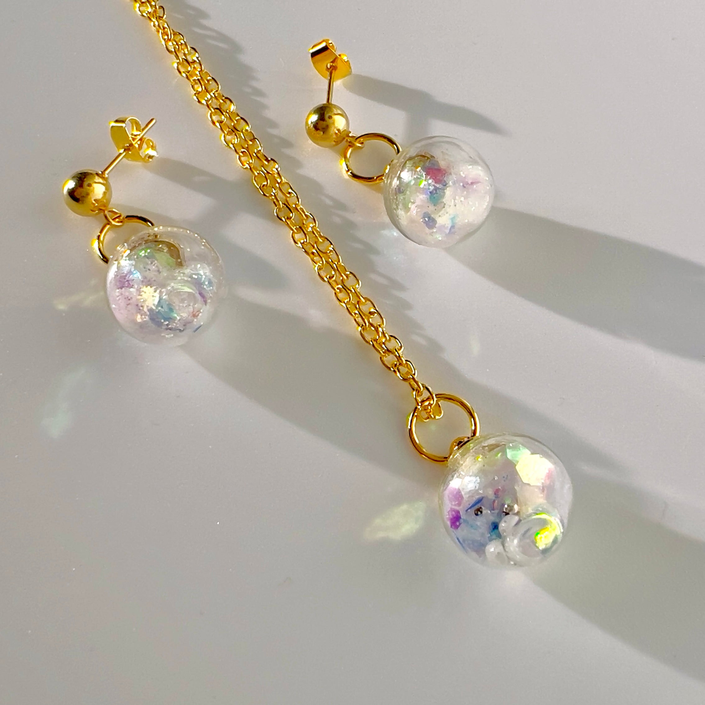 Iridescent Fairy Sparkle Glass Sphere Set, Silver or Gold Necklace and Earrings