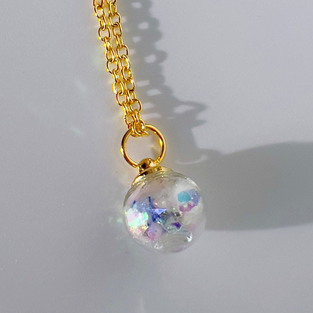 Iridescent Fairy Sparkle Glass Sphere Pendant, Necklace Silver or Gold Chain