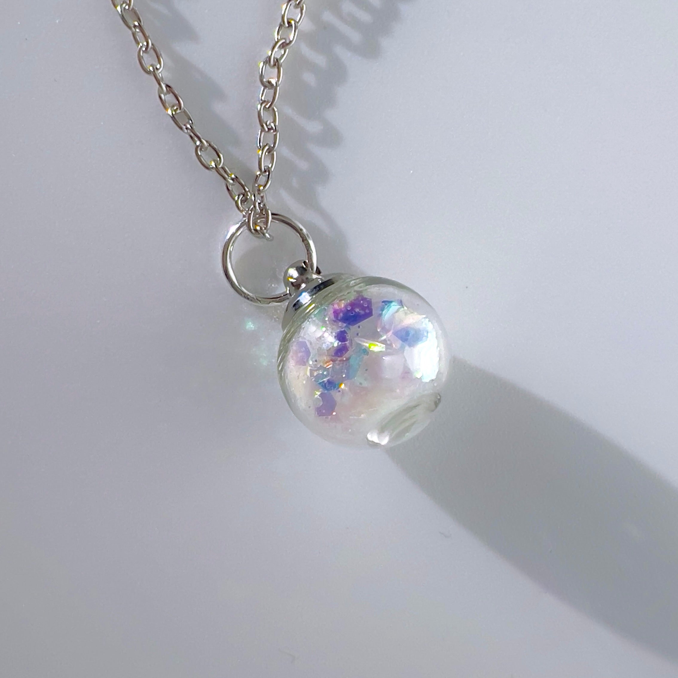 Iridescent Fairy Sparkle Glass Sphere Pendant, Necklace Silver or Gold Chain