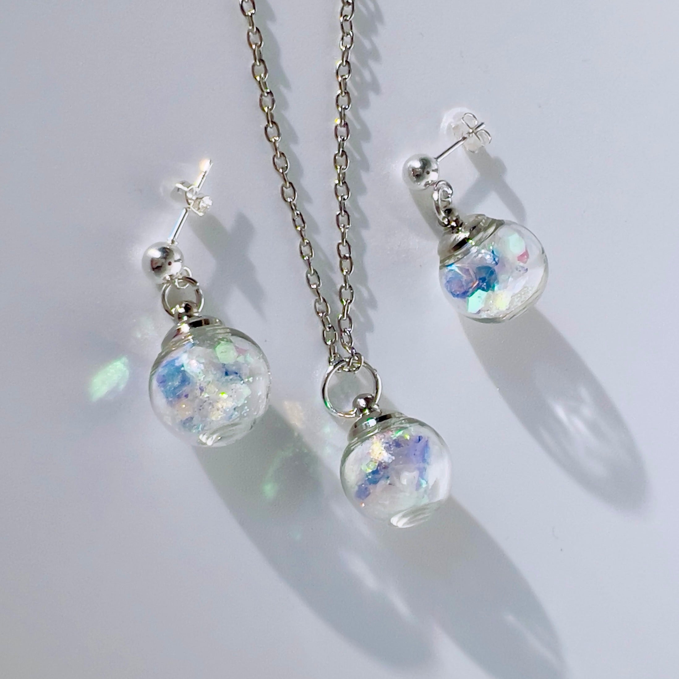 Iridescent Fairy Sparkle Glass Sphere Set, Silver or Gold Necklace and Earrings