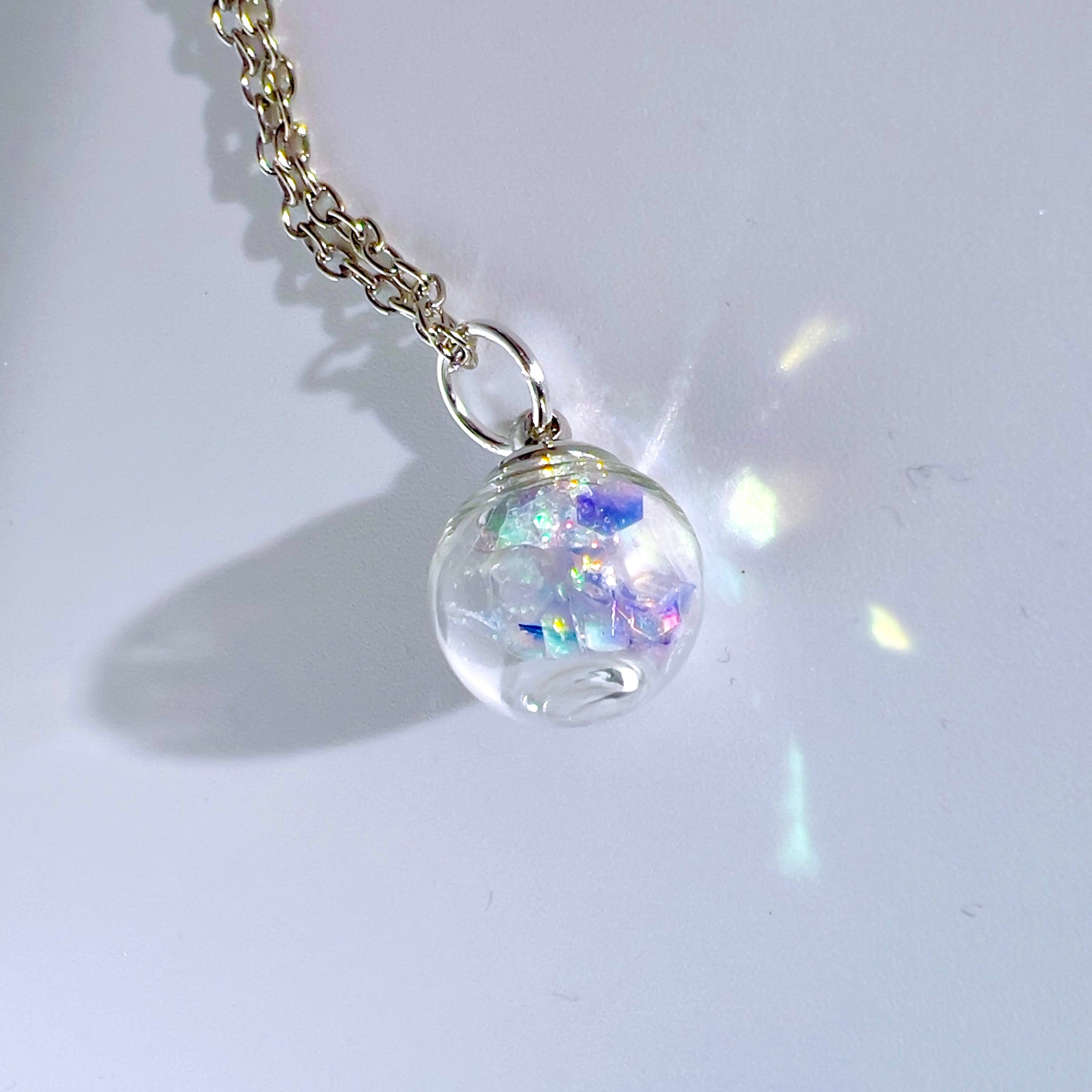 Iridescent Fairy Sparkle Glass Sphere Pendant, Necklace Silver or Gold Chain