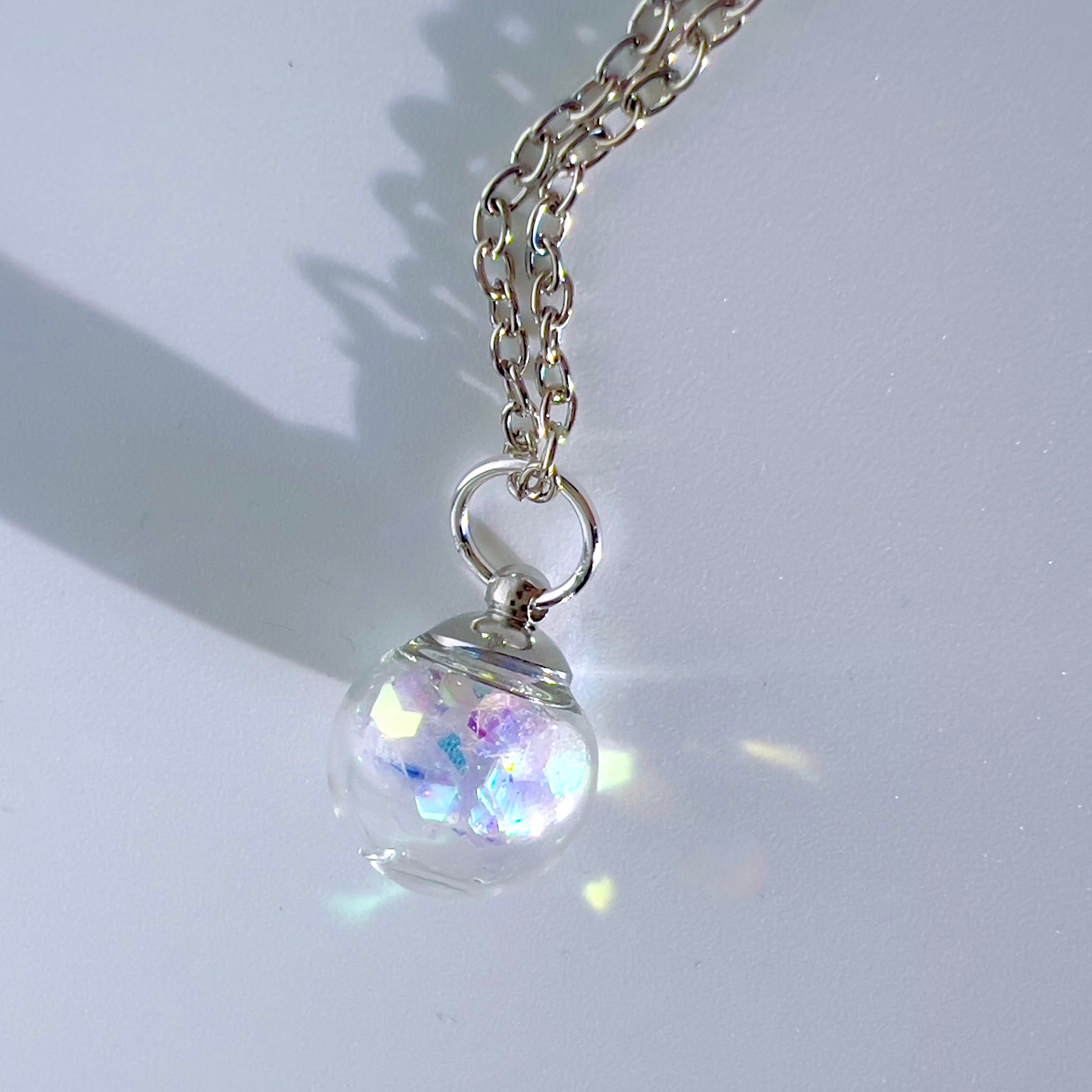 Iridescent Fairy Sparkle Glass Sphere Pendant, Necklace Silver or Gold Chain