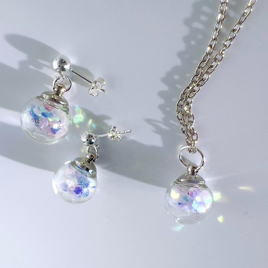 Iridescent Fairy Sparkle Glass Sphere Set, Silver or Gold Necklace and Earrings