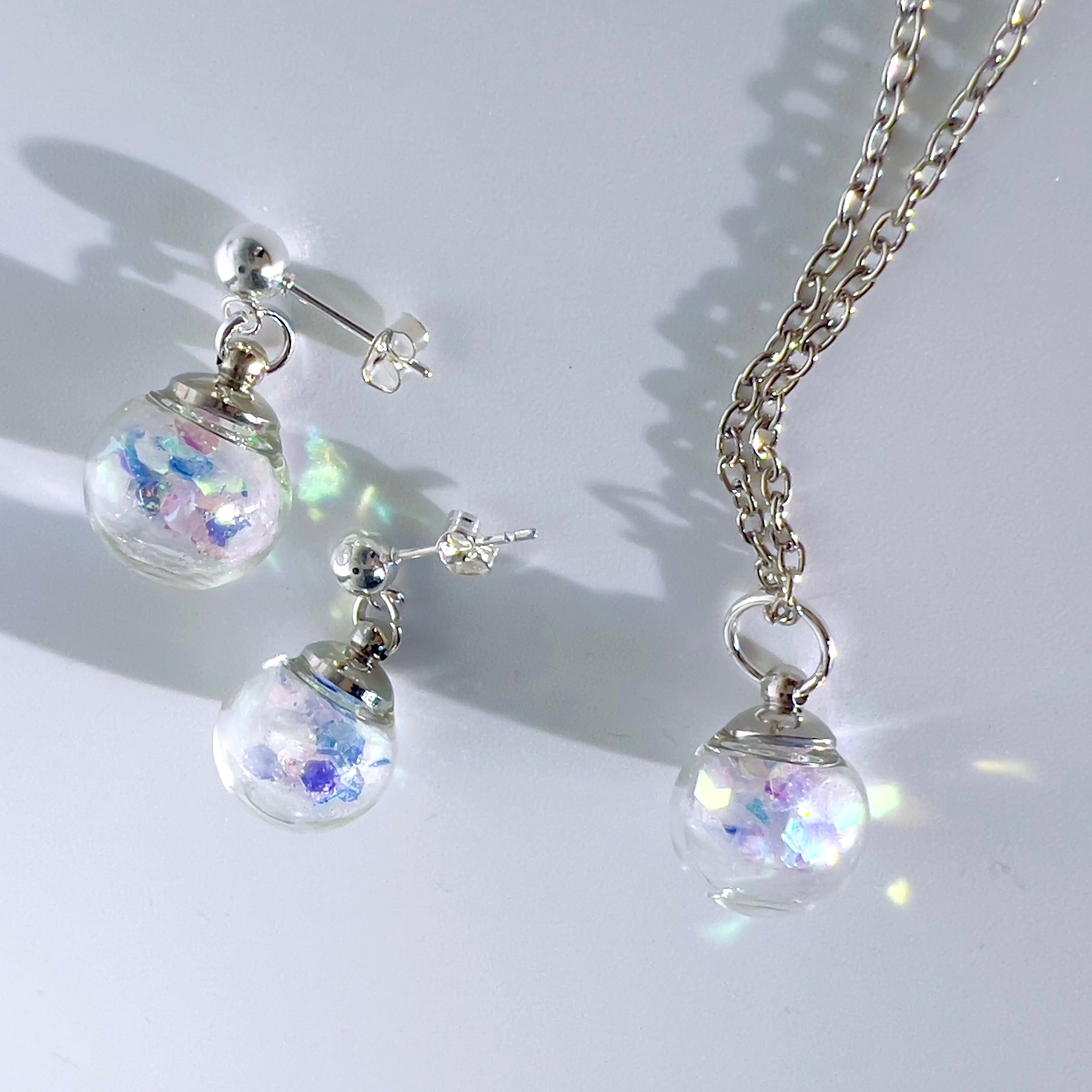 Iridescent Fairy Sparkle Glass Sphere Set, Silver or Gold Necklace and Earrings