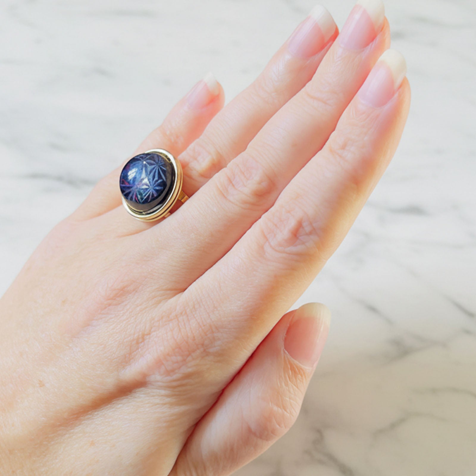 Dichroic Gold Resin | Holographic Sacred Geometry Flower of Life Pattern | Adjustable Statement Ring | Iridescent Blue