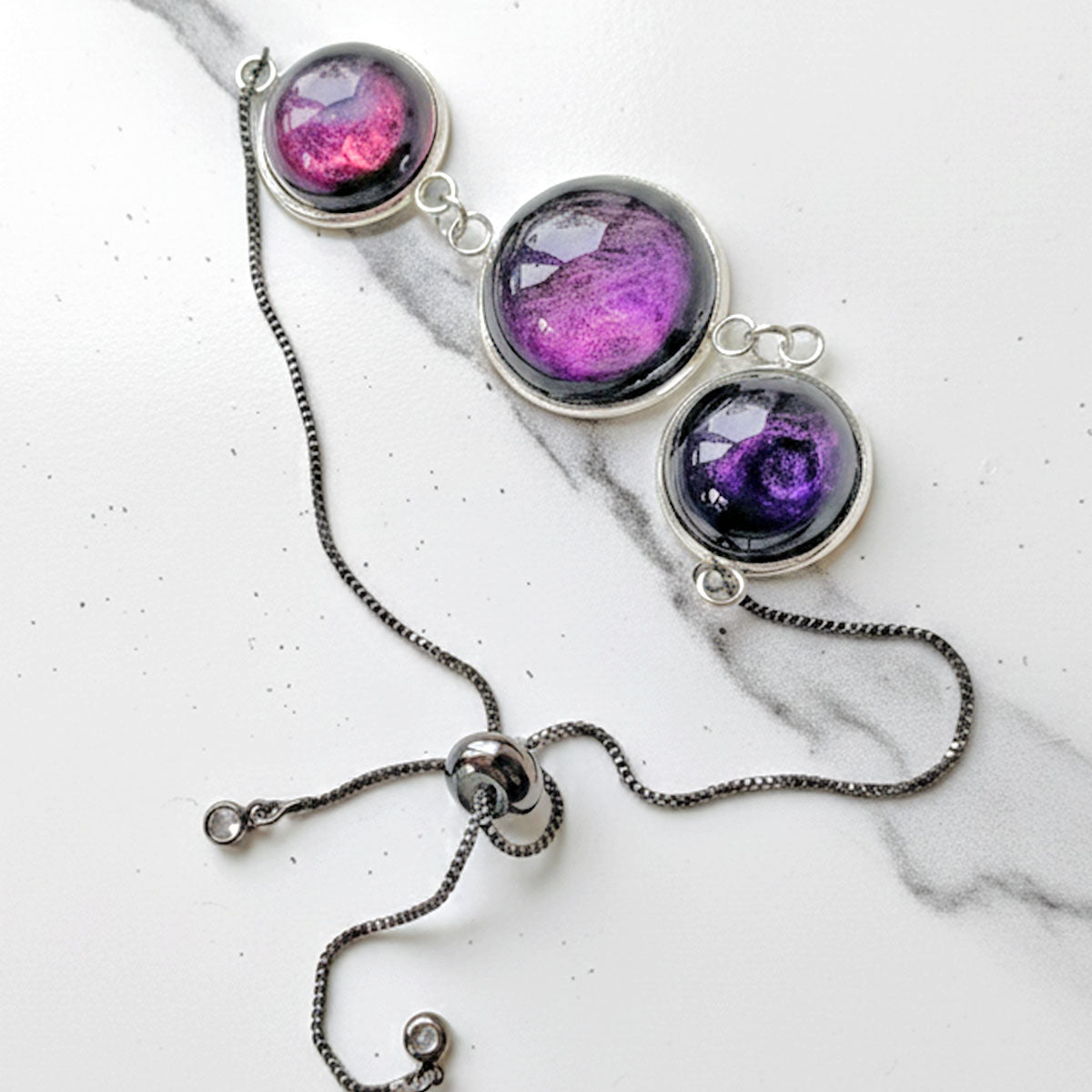 Resin tripple Cabochon Amythyst Style Silver Adjustable Bracelet: Purple Shimmer Handmade Jewelery. Unique