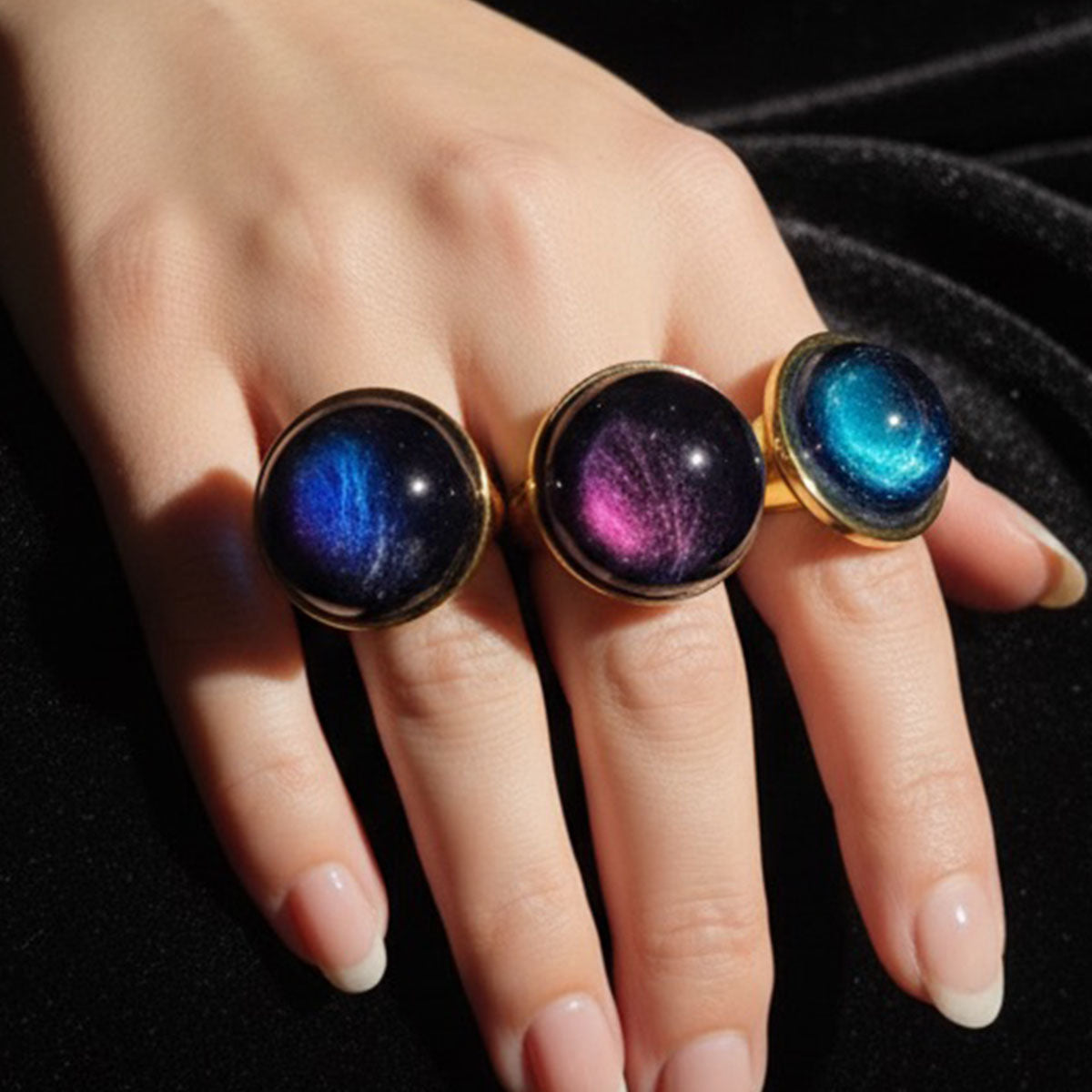 Galaxy Nebula Ring Purple Iridescent Cabochon Resin, Gold Adjustable Cosmic Statement Jewellery Space Celestial Handmade Ring