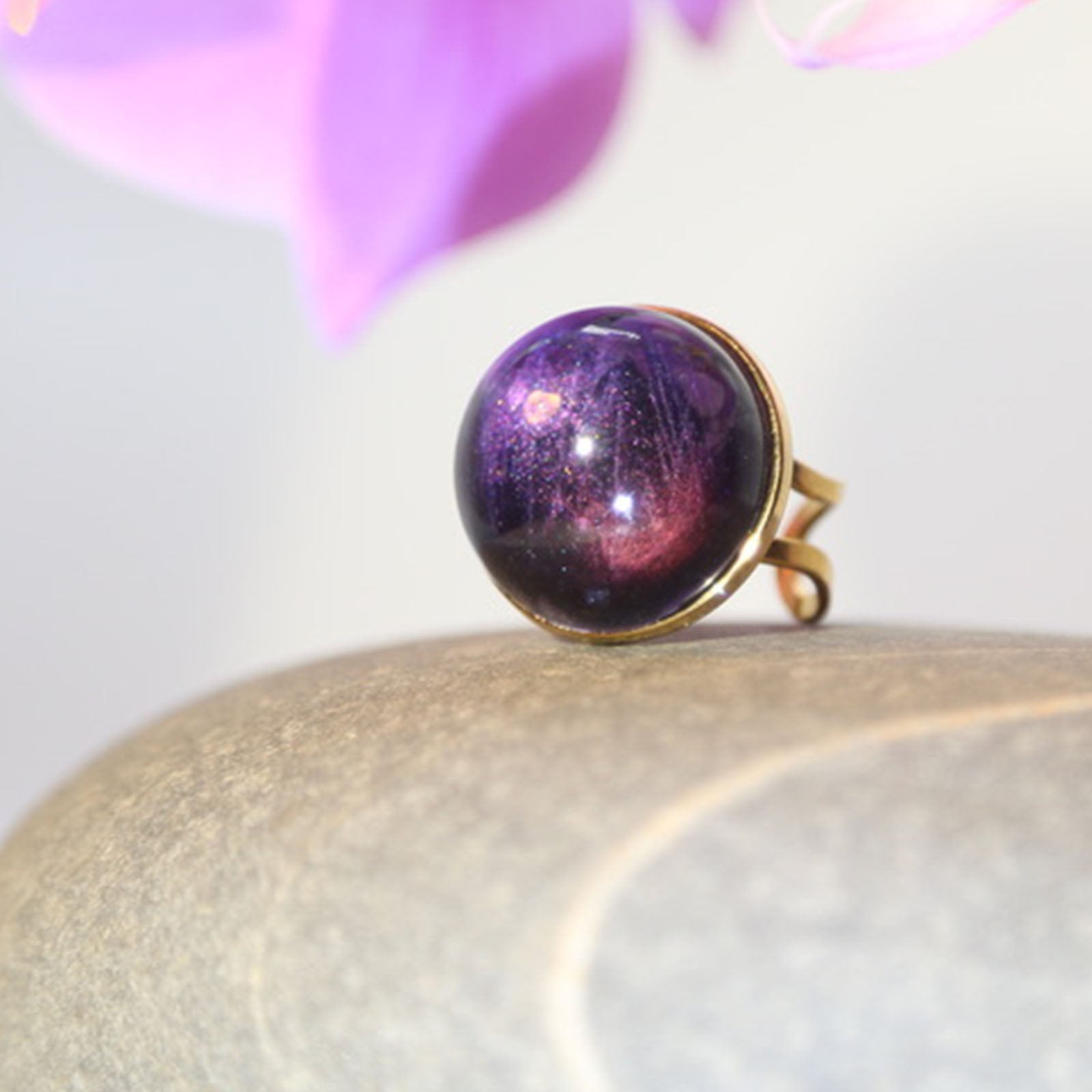 Galaxy Nebula Ring Purple Iridescent Cabochon Resin, Gold Adjustable Cosmic Statement Jewellery Space Celestial Handmade Ring