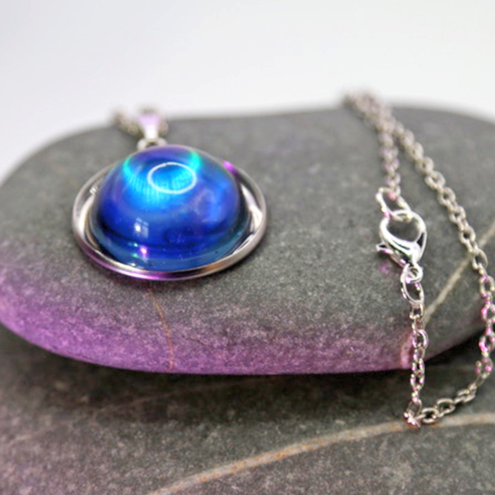 Blue Galaxy diachronic Dome Pendant Necklace | Resin Aurora Borealis Space Jewelry | Silver Chain | Northern Lights | Handmade