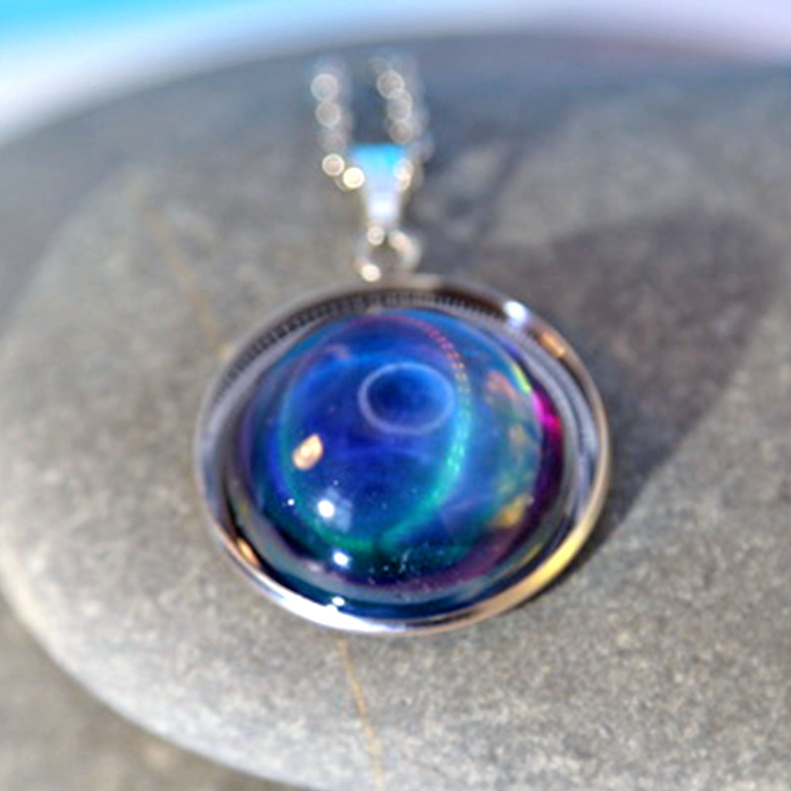 Blue Galaxy diachronic Dome Pendant Necklace | Resin Aurora Borealis Space Jewelry | Silver Chain | Northern Lights | Handmade