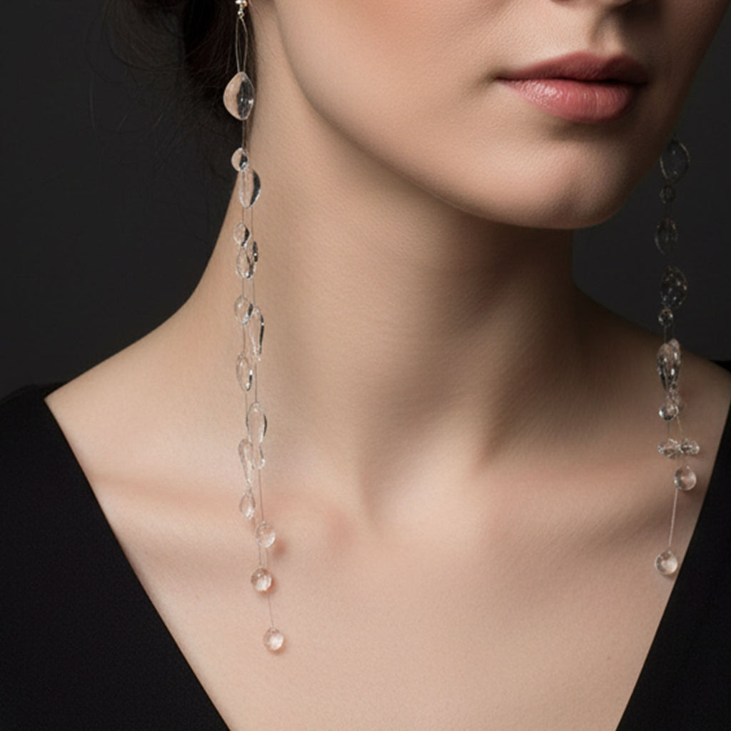 Long Clear Resin Raindrop Earrings: Ethereal Cascading Dangle Jewelry