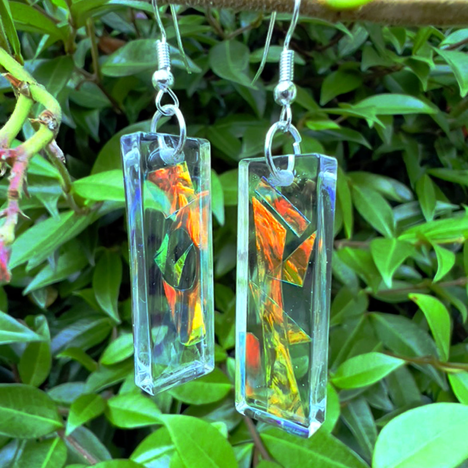 Rectangular Holographic Clear Resin Earrings Dangle Colorful Abstract Art Statement Jewelry Handmade Geometric Acrylic Earrings Minimalist