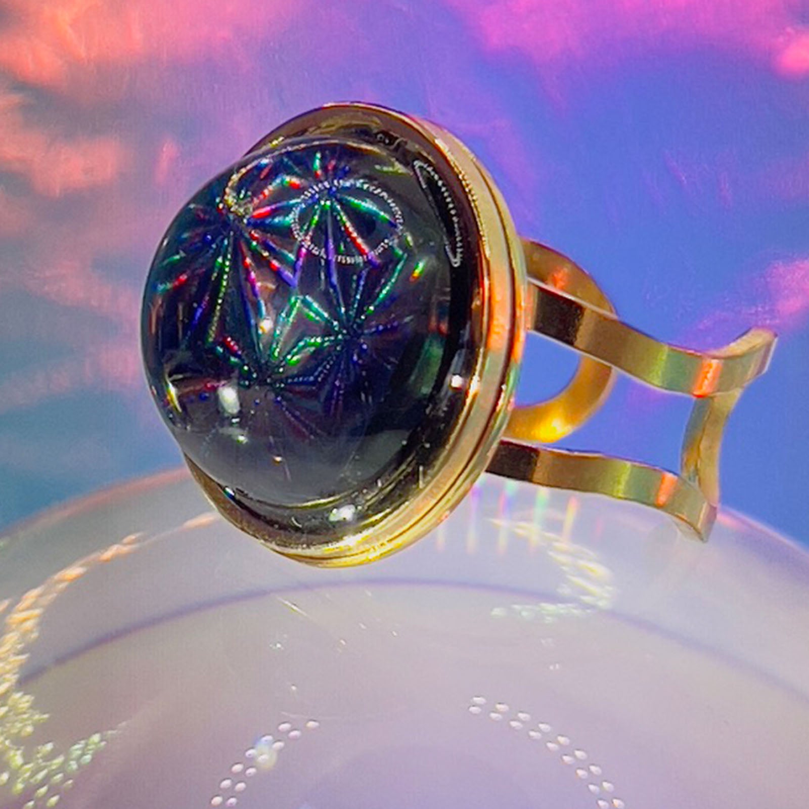 Dichroic Gold Resin | Holographic Sacred Geometry Flower of Life Pattern | Adjustable Statement Ring | Iridescent Blue