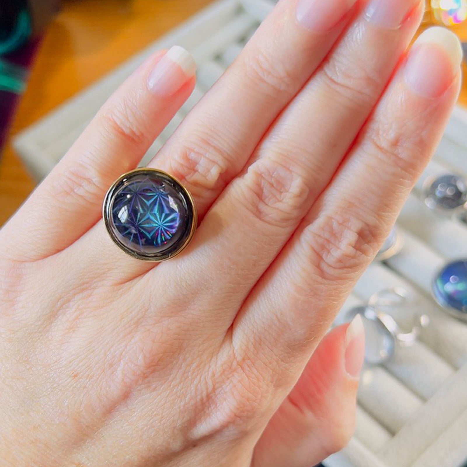 Dichroic Gold Resin | Holographic Sacred Geometry Flower of Life Pattern | Adjustable Statement Ring | Iridescent Blue