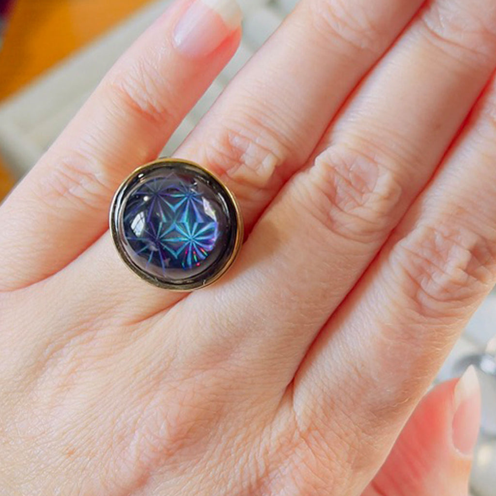 Dichroic Gold Resin | Holographic Sacred Geometry Flower of Life Pattern | Adjustable Statement Ring | Iridescent Blue