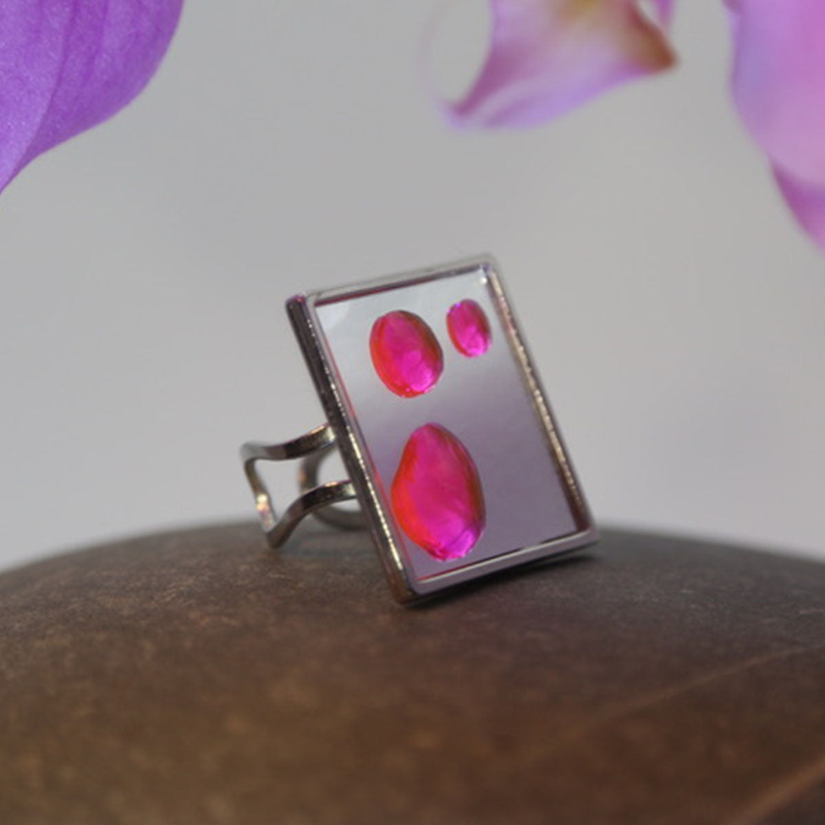 Square Mirror Ring with Floating Pink Resin Drops | Handmade Statement Cocktail Ring | Modern Art Piece