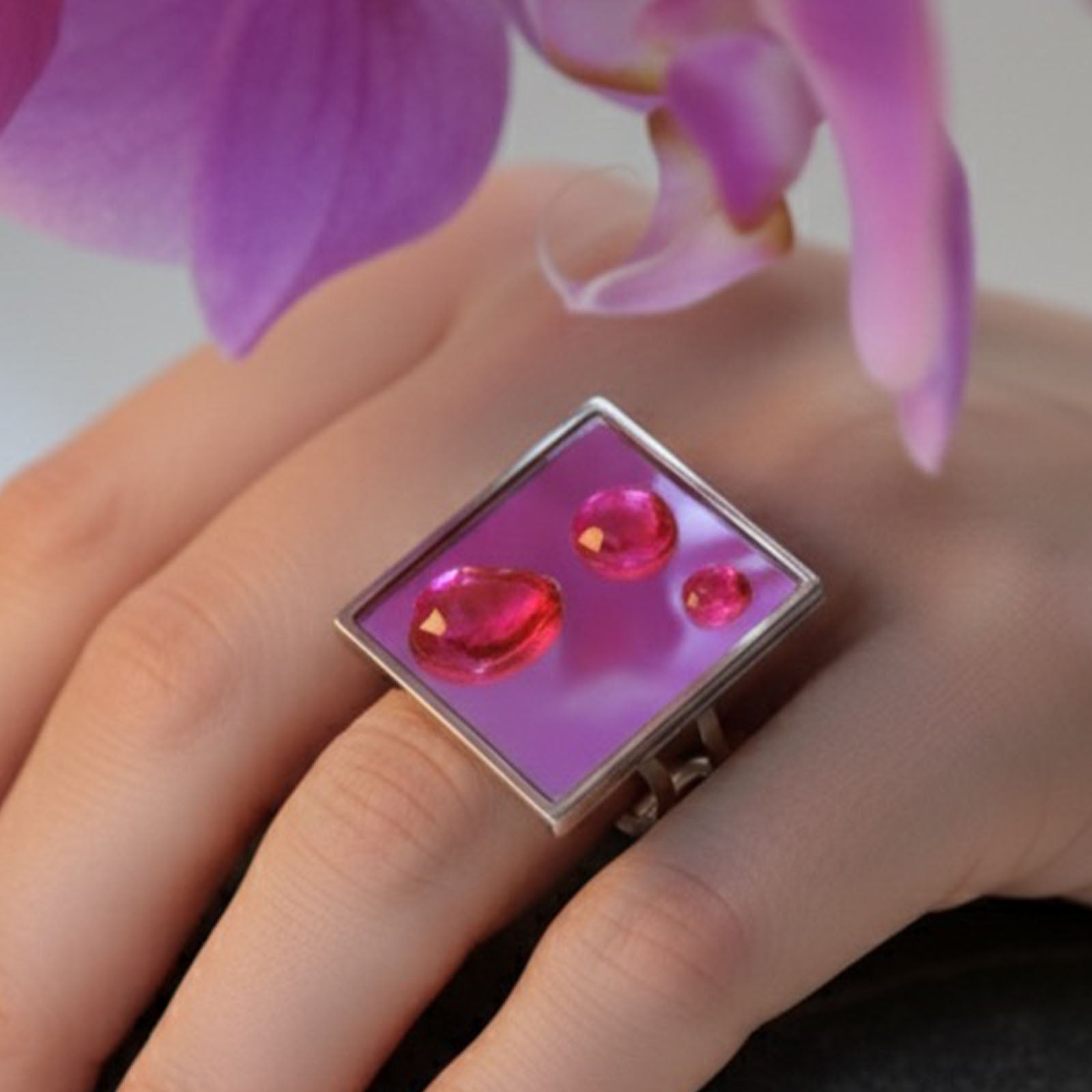 Square Mirror Ring with Floating Pink Resin Drops | Handmade Statement Cocktail Ring | Modern Art Piece