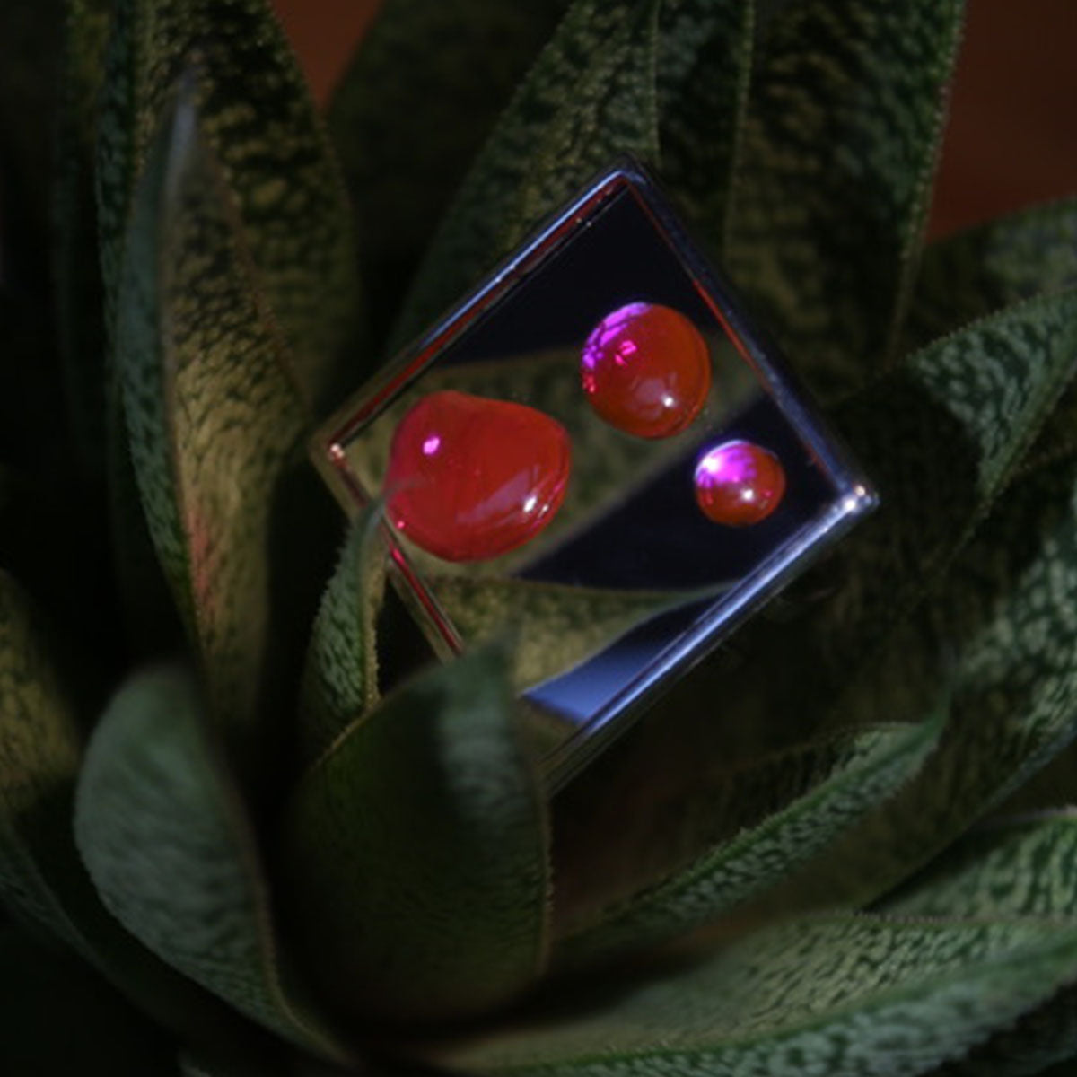 Square Mirror Ring with Floating Pink Resin Drops | Handmade Statement Cocktail Ring | Modern Art Piece