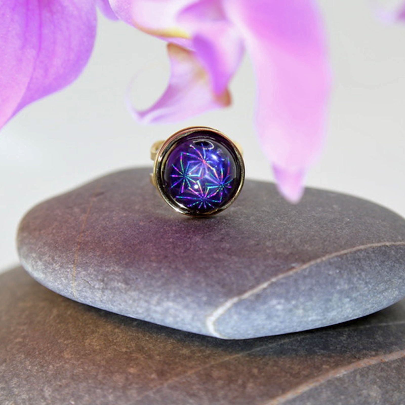 Dichroic Gold Resin | Holographic Sacred Geometry Flower of Life Pattern | Adjustable Statement Ring | Iridescent Blue