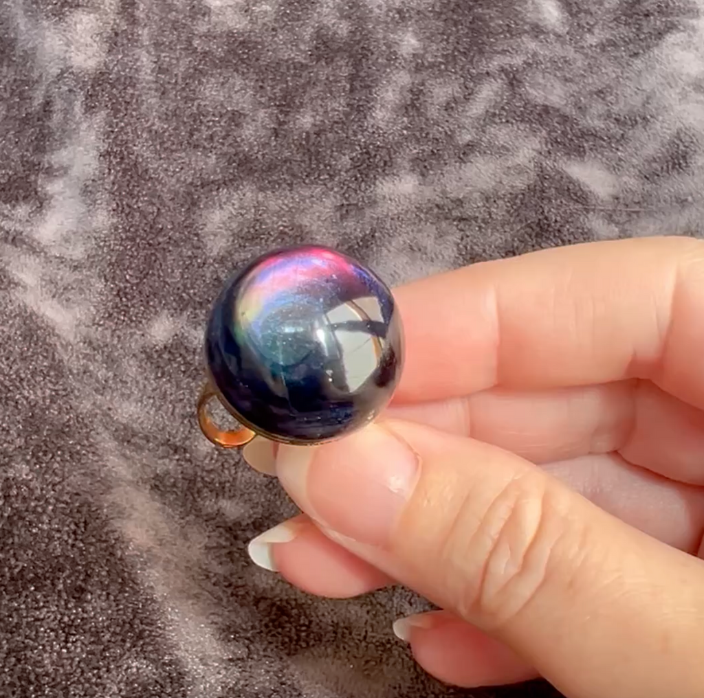 Rainbow Obsidian Stormy Northern Lights Statement Ring Adjustable Gold Band Color Changing Iridescent Large Cabochon Cocktail Ring for Women