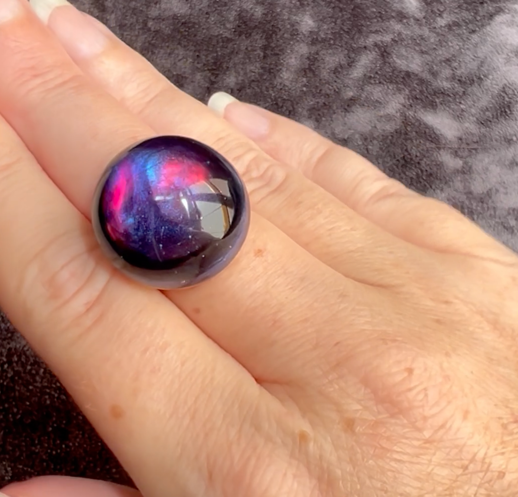 Rainbow Obsidian Stormy Northern Lights Statement Ring Adjustable Gold Band Color Changing Iridescent Large Cabochon Cocktail Ring for Women