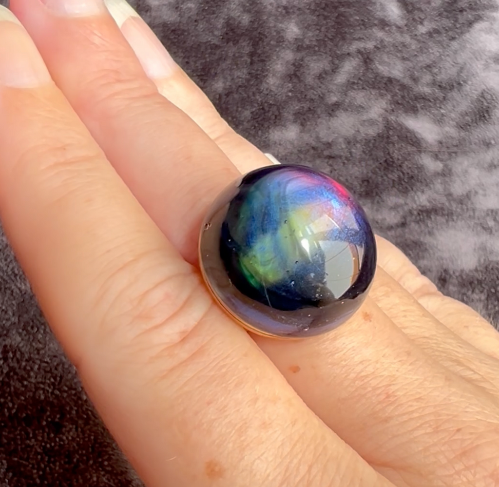 Rainbow Obsidian Stormy Northern Lights Statement Ring Adjustable Gold Band Color Changing Iridescent Large Cabochon Cocktail Ring for Women