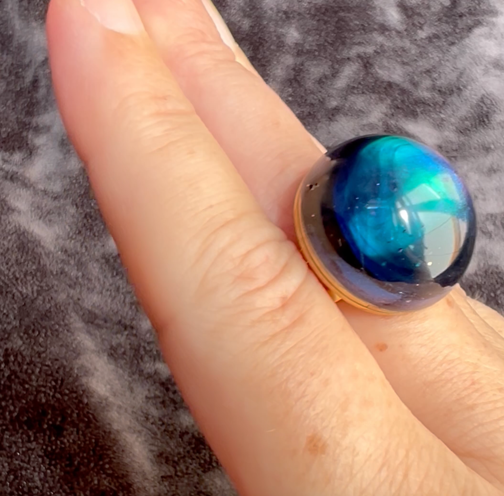 Rainbow Obsidian Stormy Northern Lights Statement Ring Adjustable Gold Band Color Changing Iridescent Large Cabochon Cocktail Ring for Women