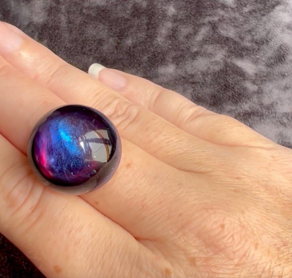 Rainbow Obsidian Stormy Northern Lights Statement Ring Adjustable Gold Band Color Changing Iridescent Large Cabochon Cocktail Ring for Women