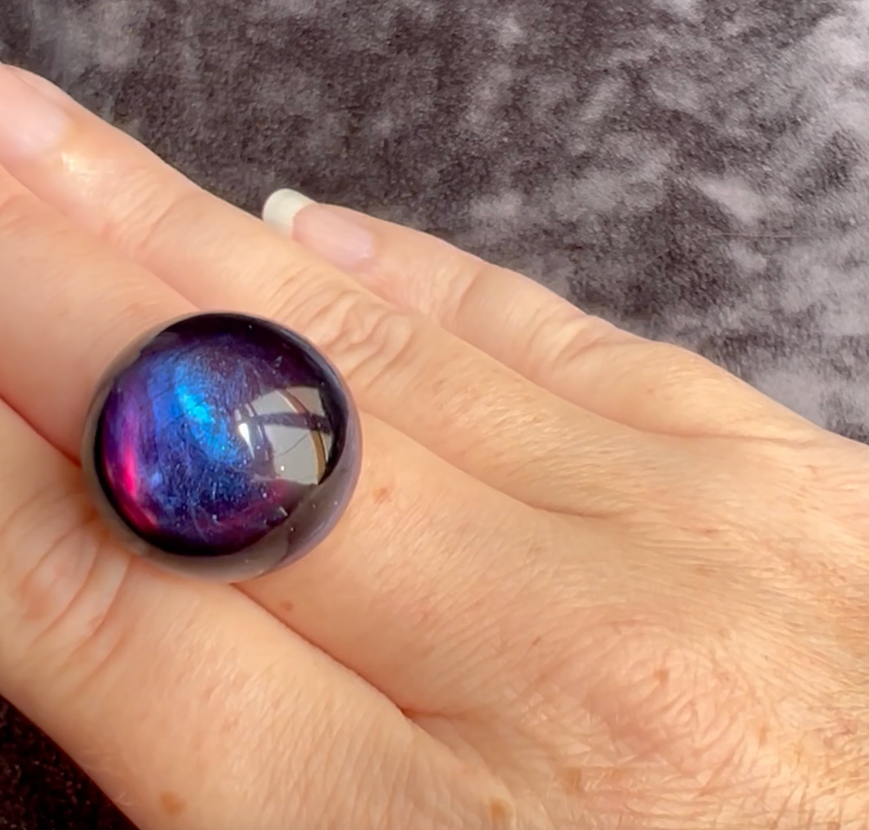 Rainbow Obsidian Stormy Northern Lights Statement Ring Adjustable Gold Band Color Changing Iridescent Large Cabochon Cocktail Ring for Women