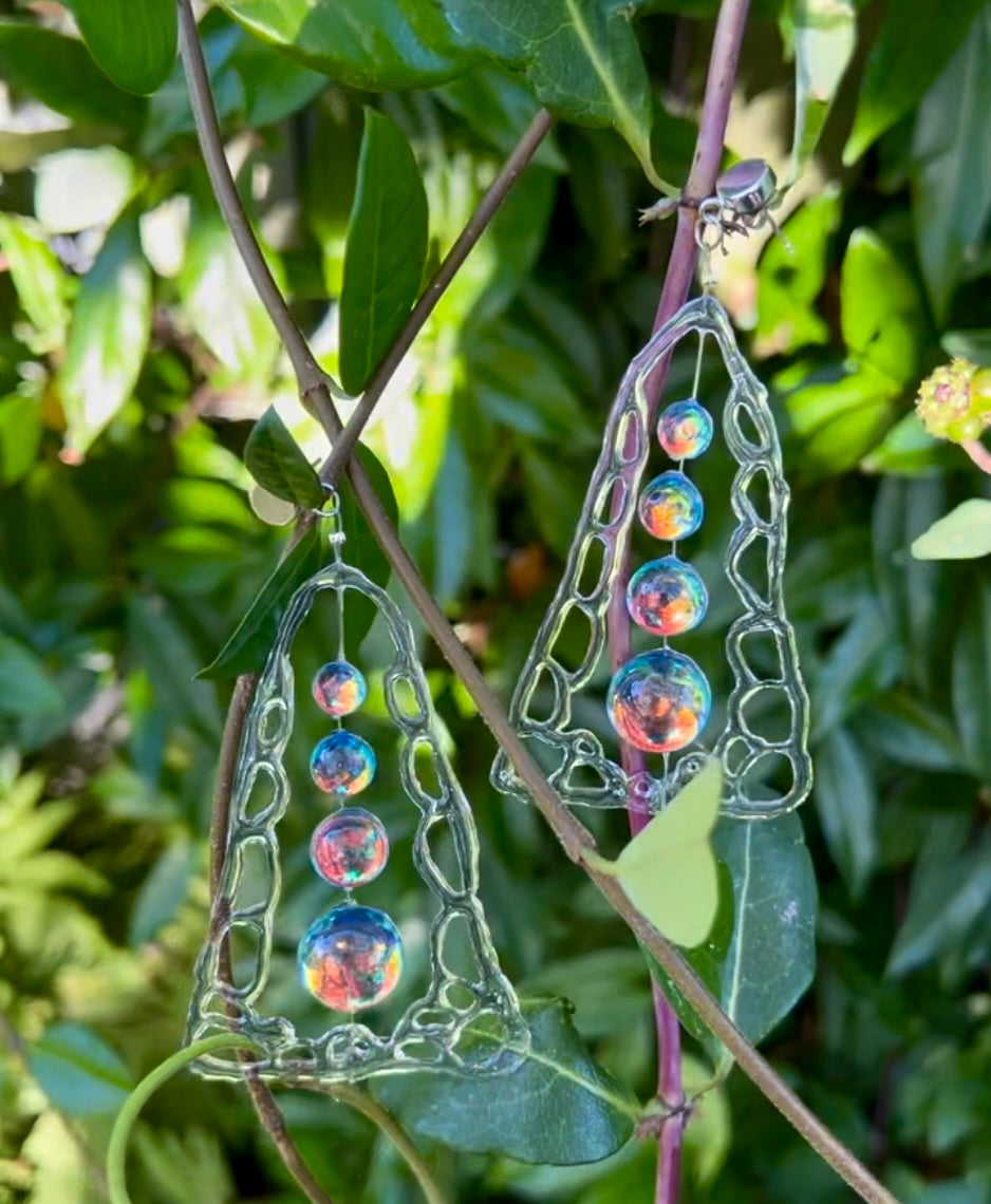 Resin Dangle Drop Earrings: Holographic Dichroic Resin Beads, Cell Structure Art