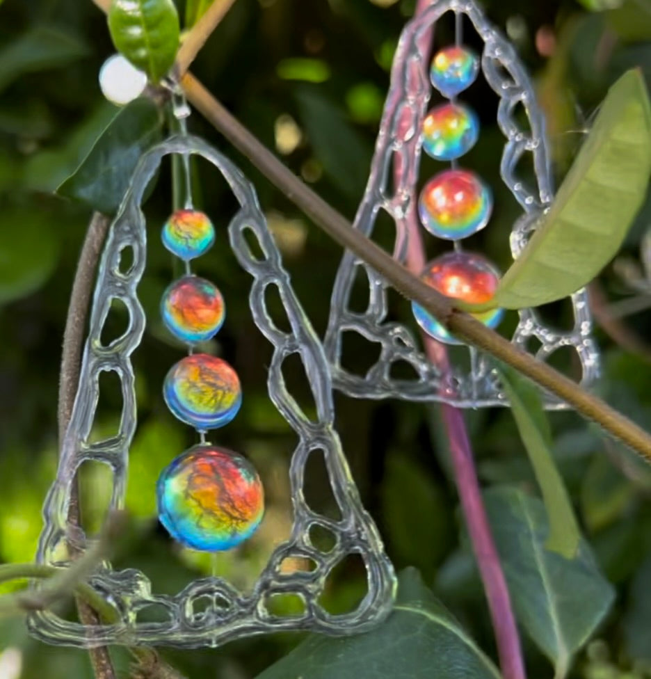 Resin Dangle Drop Earrings: Holographic Dichroic Resin Beads, Cell Structure Art