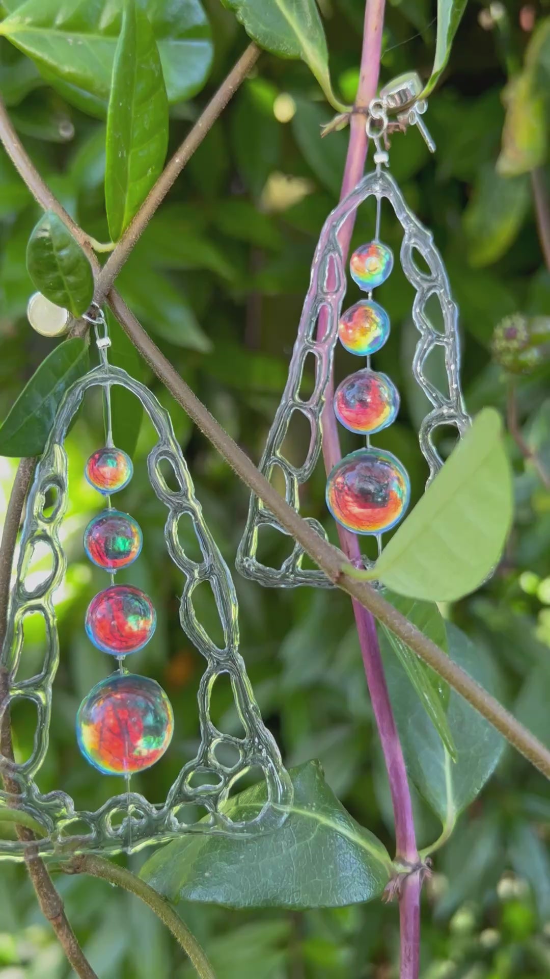 Resin Dangle Drop Earrings: Holographic Dichroic Resin Beads, Cell Structure Art