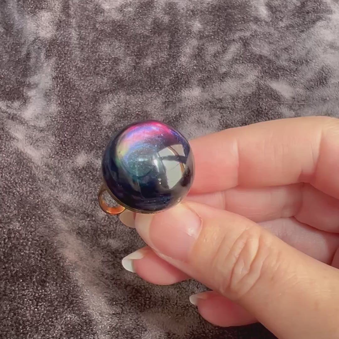 Rainbow Obsidian Stormy Northern Lights Statement Ring Adjustable Gold Band Color Changing Iridescent Large Cabochon Cocktail Ring for Women