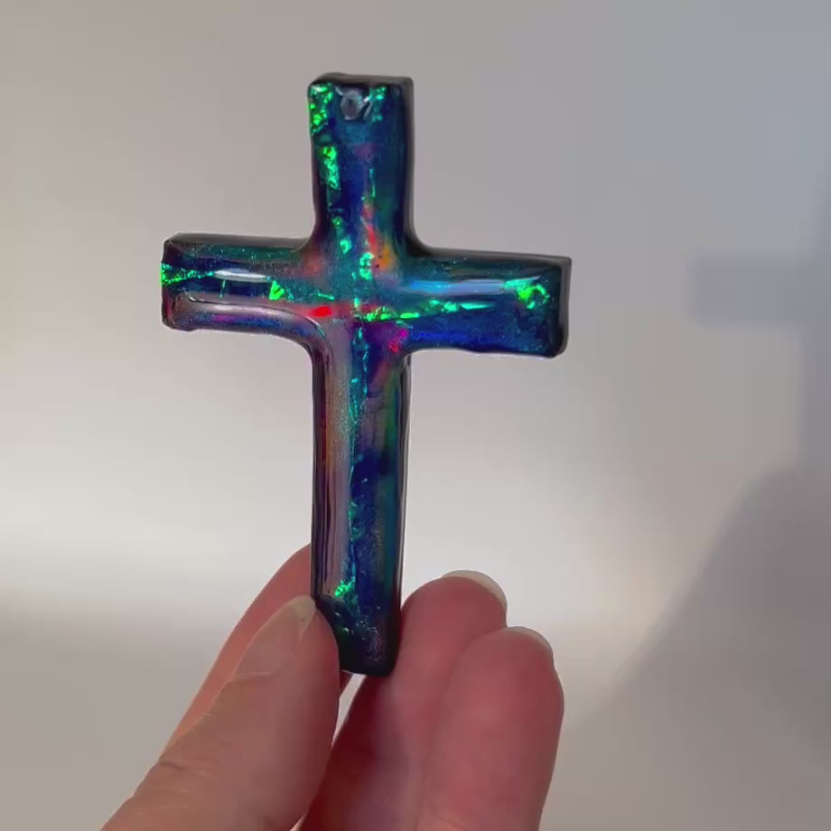 Dichroic Aurora Resin Cross Pendant: Iridescent Crucifix Necklace, Unique