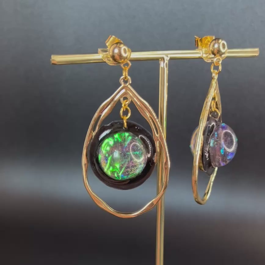 Galaxy Opal Earrings: Gold Teardrop Dangle, Handmade Resin Celestial Jewelry