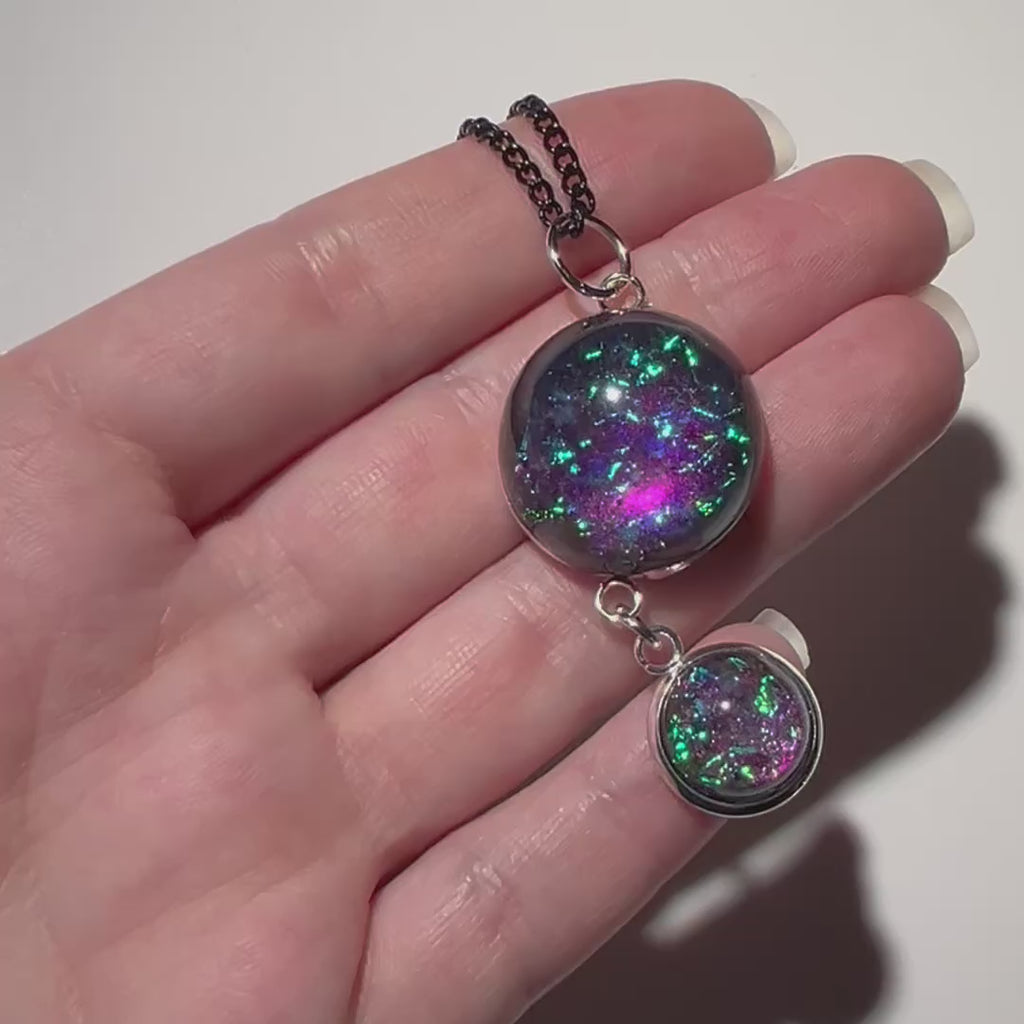 Galaxy Nebula Pendant Necklace, Resin Space Jewelery, Cosmic Handmade Resin Pendant, Double Sphere Statement Piece, Black Chain